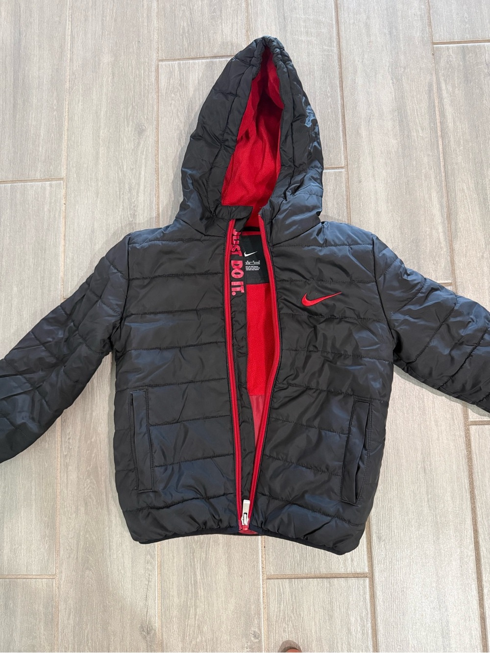 Nike Black Hooded Puffer Jacket with Red Trim
